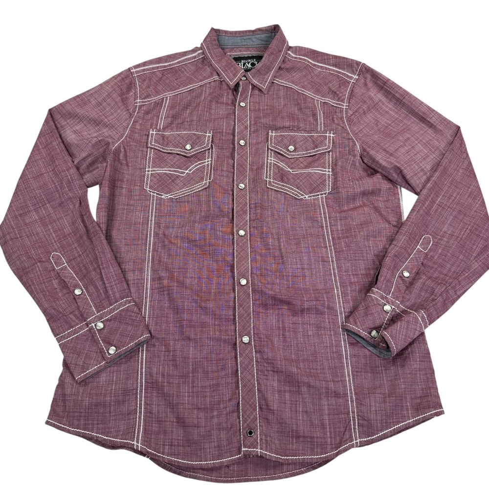 Buckle Black Western Snap‎ Shirt Mens Medium Burgundy Contrast Stitch Cotton